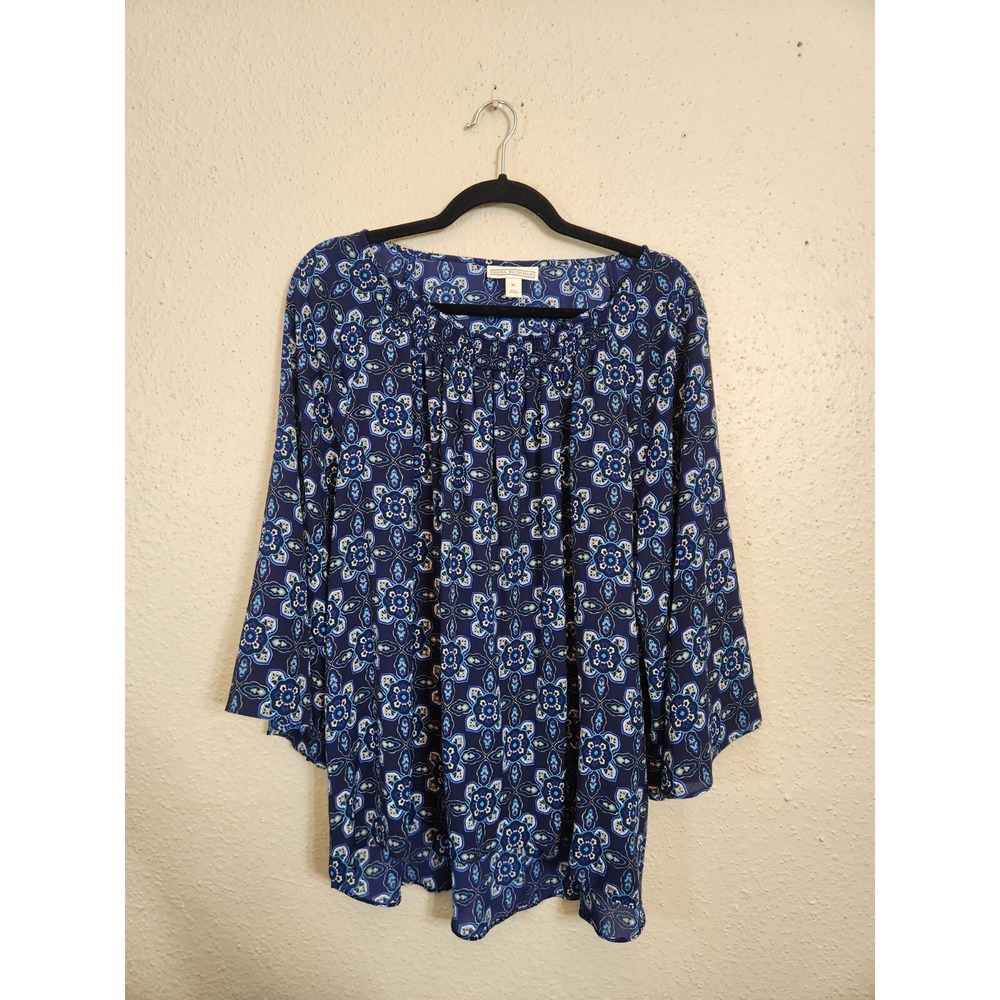 Dana Buchman Blouse Blue Women XL Medallion Print Smocked Bell Sleeve Top